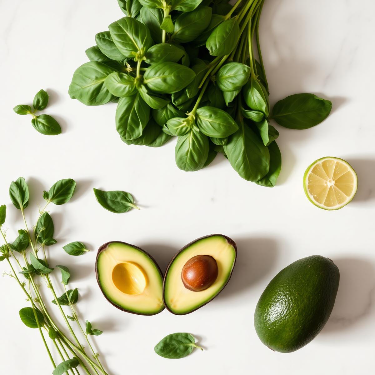 Fresh herbs, avocado and lime on a marble surface