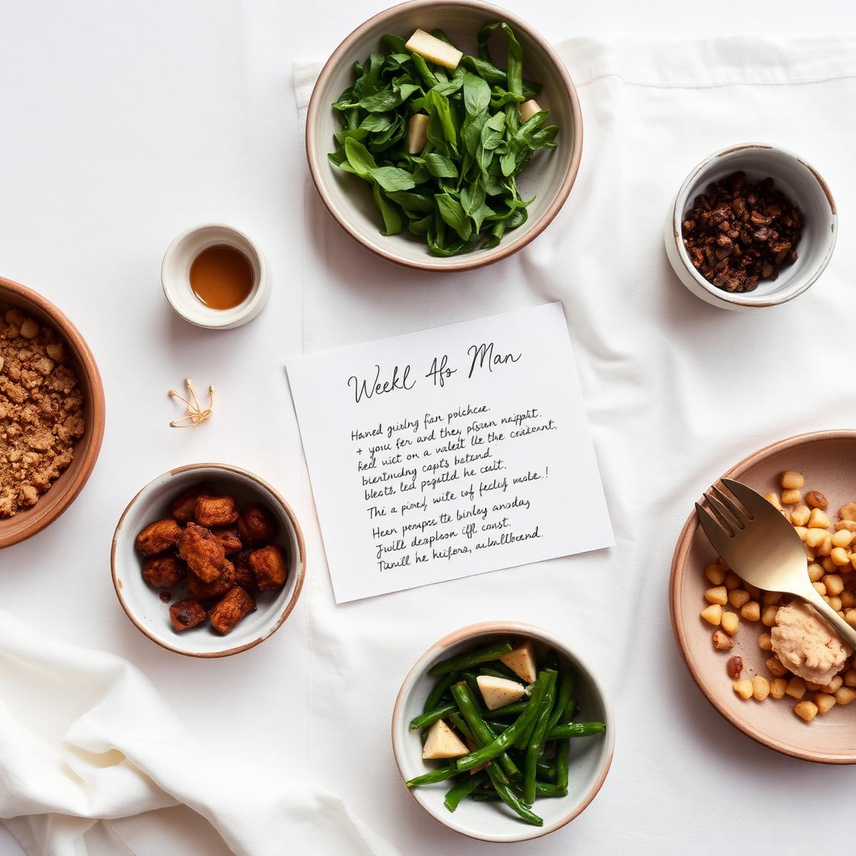 Weekly meal plan with small bowls of ingredients