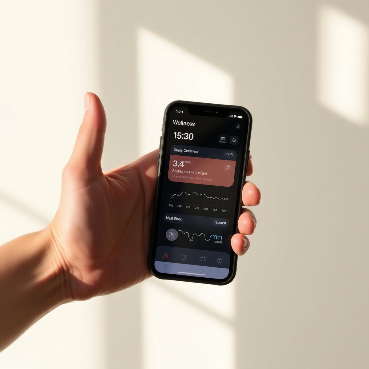 Hand holding a phone showing a wellness dashboard