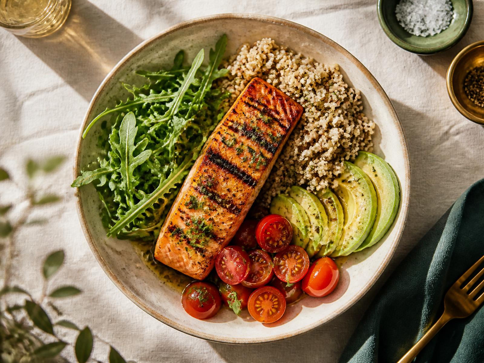 A beautifully plated Mediterranean bowl with grilled salmon, quinoa, avocado and greens